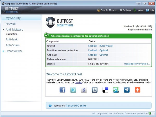 Antivirus e Firewall gratis per PC Windows - Agnitum Outpost Security Suite Free